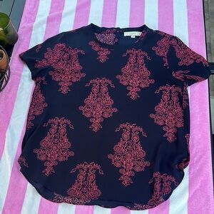 LOFT Black and Red Boxy Blouse with Mandarin Collar